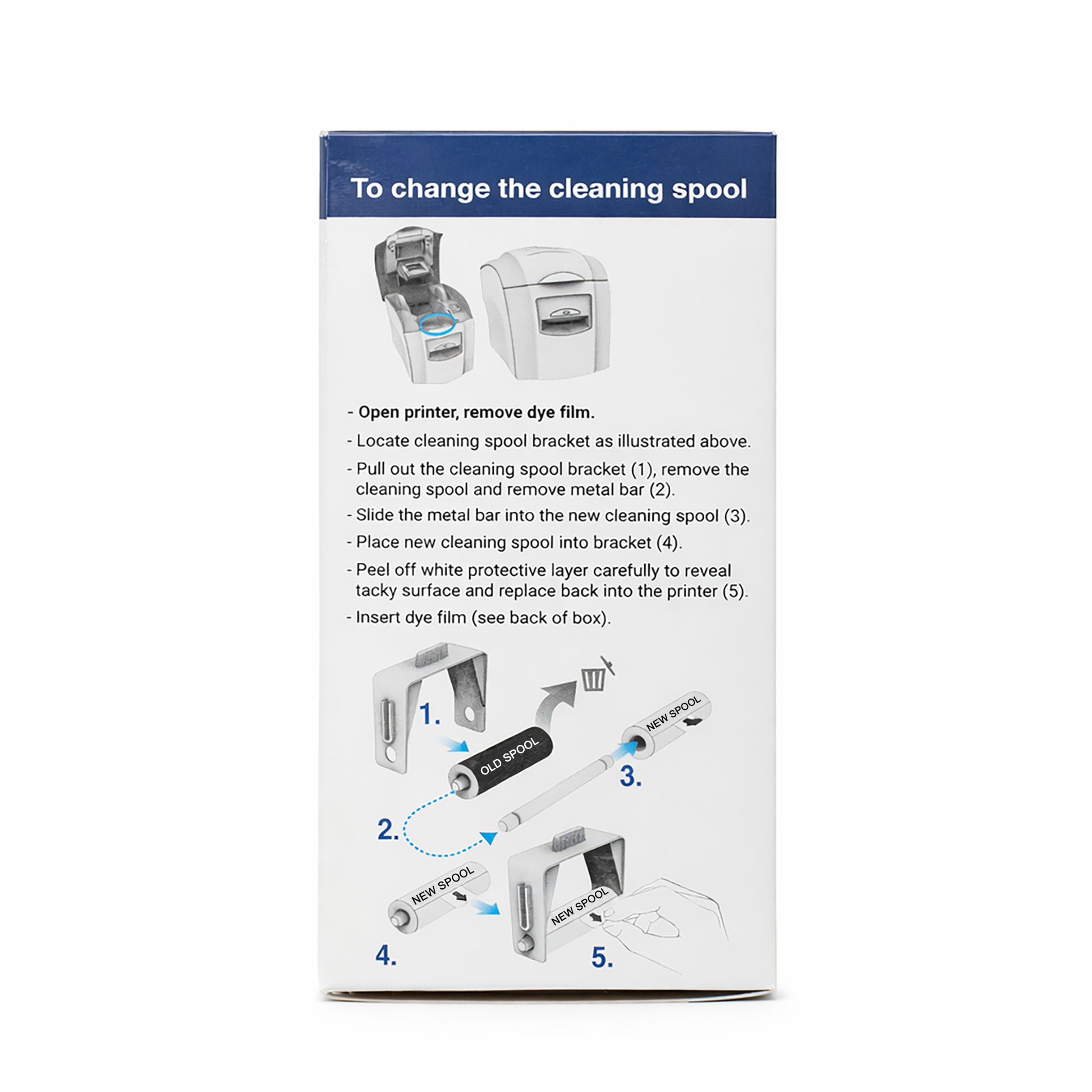 Box includes illustrated step-by-step instructions for replacing the Magicard MA1000K-SILVER Silver Monochrome Ribbon in Enduro+, Enduro3E, and Rio Pro printers, covering ribbon handling, spool changes, and protective tape removal.