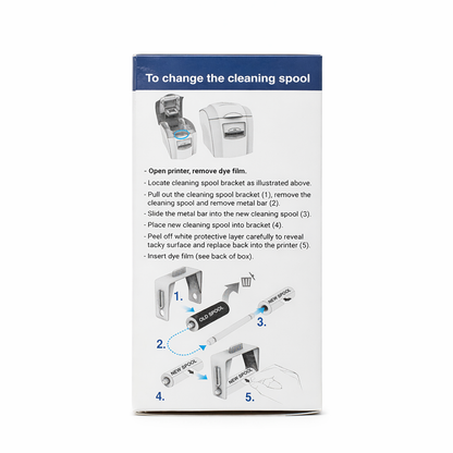 Box includes illustrated step-by-step instructions for replacing the Magicard MA1000K-SILVER Silver Monochrome Ribbon in Enduro+, Enduro3E, and Rio Pro printers, covering ribbon handling, spool changes, and protective tape removal.