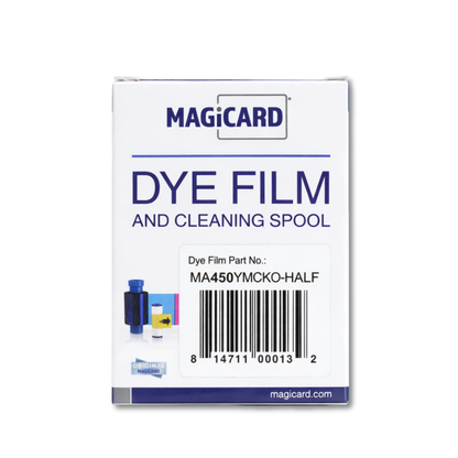 MAGICARD dye film and cleaning spool packaging MA450YMCKO-HALF YMCKO Color Ribbon, compatible with Enduro+, Pronto, and Rio Pro ID Card Printers, includes blue, pink, and clear sections for 450 prints on a white background.