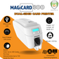 The MAGICARD 300 ID Card Printer offers secure dual-sided printing with an advanced Holokote watermark system. Key specs like size, weight, input, print speed, and compatibility are shown around the product image.
