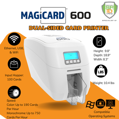 Magicard 600 ID card printer specifications infographic showing connection, input capacity, print speed, measurements, weight, and compatible operating systems. Sold by Specialist ID.