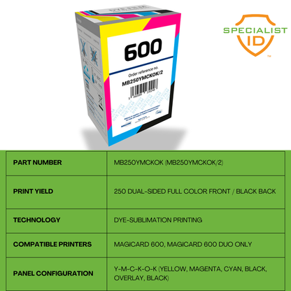 Magicard MB250YMCKOK color ribbon for Magicard 600, part number MB250YMCKOK/2, yields 250 dual-sided prints.