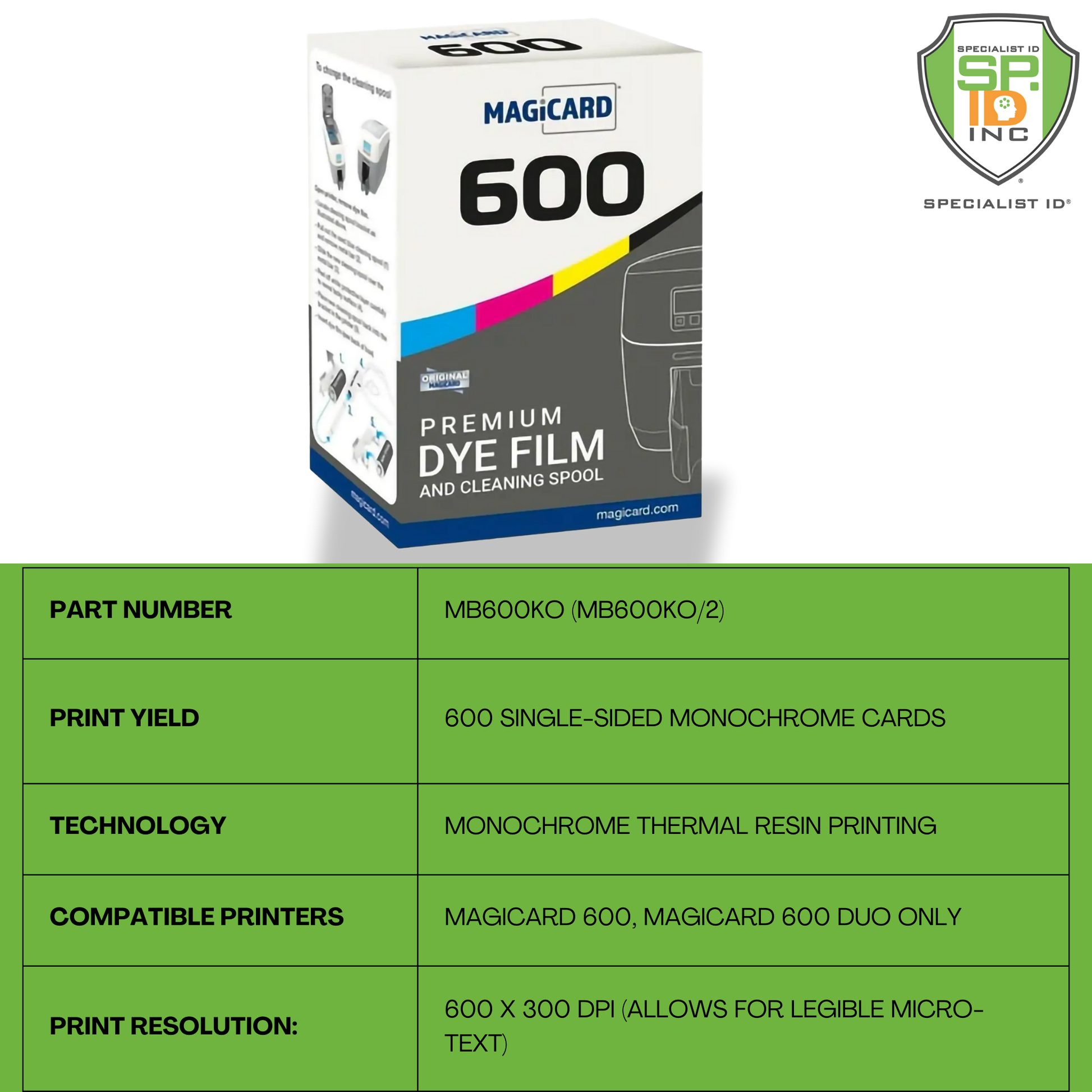 Image of a Magicard MB600KO Black Ribbon with Overlay box for Magicard 600/600 Duo printers, prints 600 mono cards, part number MB600KO, and delivers sharp 600x300 dpi resolution.