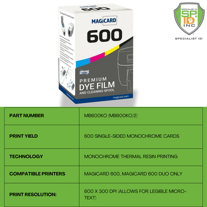 Magicard MB600KO Black Ribbon with Overlay box for Magicard 600/600 Duo printers, prints 600 mono cards, part number MB600KO, and delivers sharp 600x300 dpi resolution. Sold by Specialist ID.