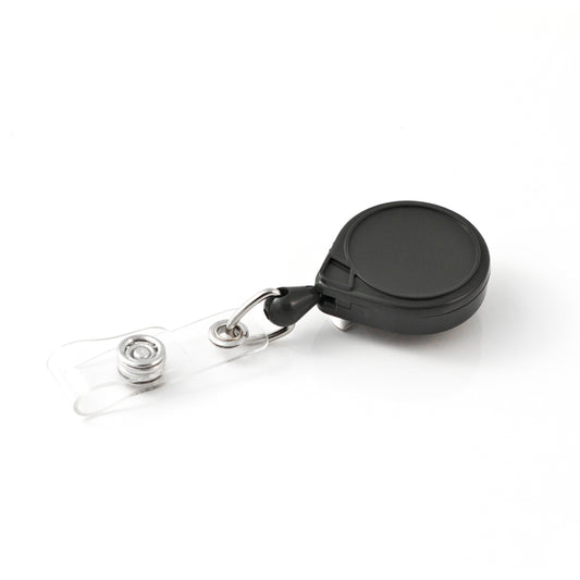 A MINI-BAK Black Retractable Reel with 36” Nylon Cord, Vinyl ID Strap, and Standard Belt Clip #57 for secure ID badge holding.