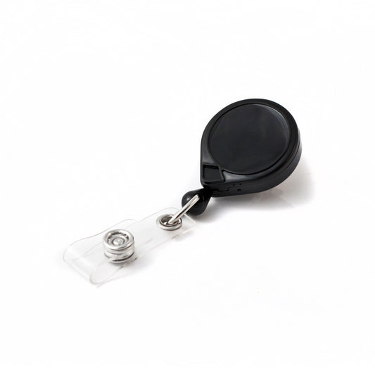 A MINI-BAK #67 Black Retractable Reel with 36” Nylon Cord, Vinyl ID Strap and Swivel Clip 0067-005, set against a white background.