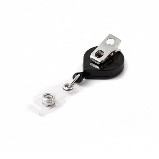The MINI-BAK #67 Black Retractable Reel with 36” Nylon Cord, Vinyl ID Strap and Swivel Clip 0067-005, featuring a clear plastic snap strap attachment and durable nylon cord, is perfect as an ID badge holder.