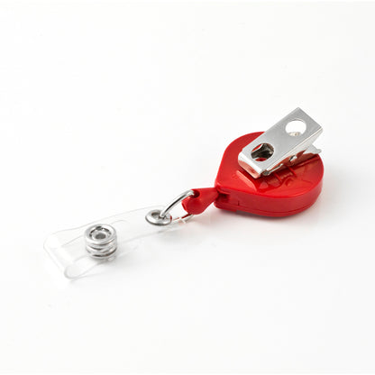 A MINI-BAK #69 Red Retractable Reel with 36” Nylon Cord, Vinyl ID Strap and Swivel Clip 0069-005 features a metal clip attached to a clear plastic strap and a durable nylon cord.