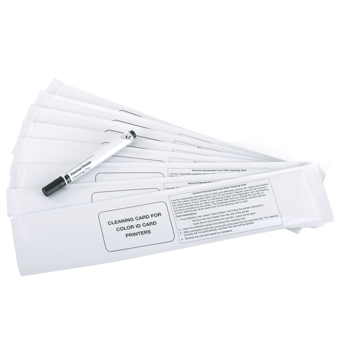 A MAGICARD 3633-0053 Printer Cleaning Kit with Alcohol Cards & Printhead Pen featuring a printhead cleaning pen and several wrapped alcohol cleaning cards, all arranged in a fan pattern.
