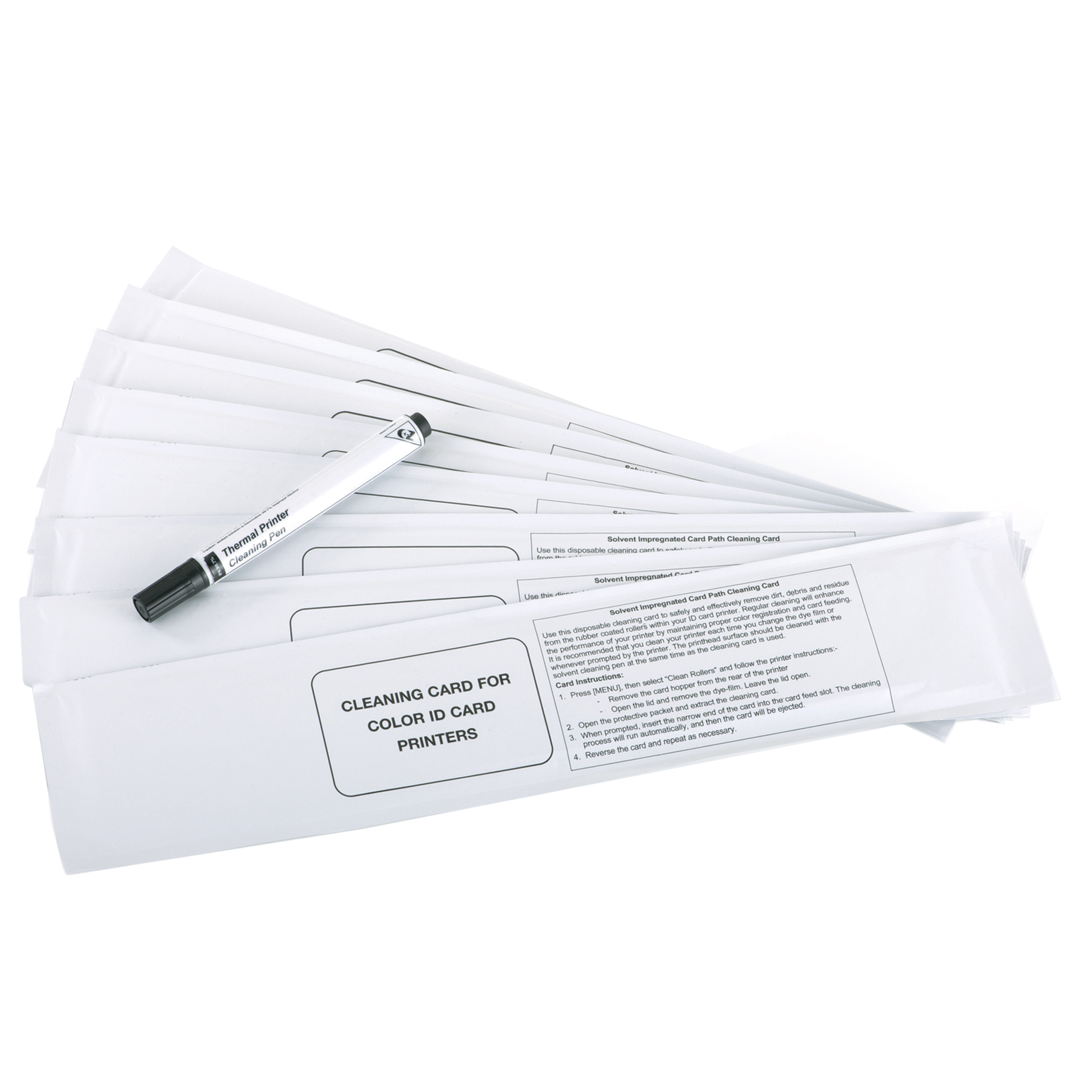 A MAGICARD 3633-0053 Printer Cleaning Kit with Alcohol Cards & Printhead Pen featuring a printhead cleaning pen and several wrapped alcohol cleaning cards, all arranged in a fan pattern.