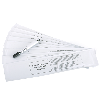 A MAGICARD 3633-0053 Printer Cleaning Kit with Alcohol Cards & Printhead Pen featuring a printhead cleaning pen and several wrapped alcohol cleaning cards, all arranged in a fan pattern.