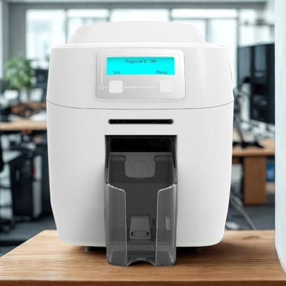A MAGICARD 300 ID Card Printer with a digital display rests on an office desk, offering secure ID card printing with the advanced Holokote watermark system.