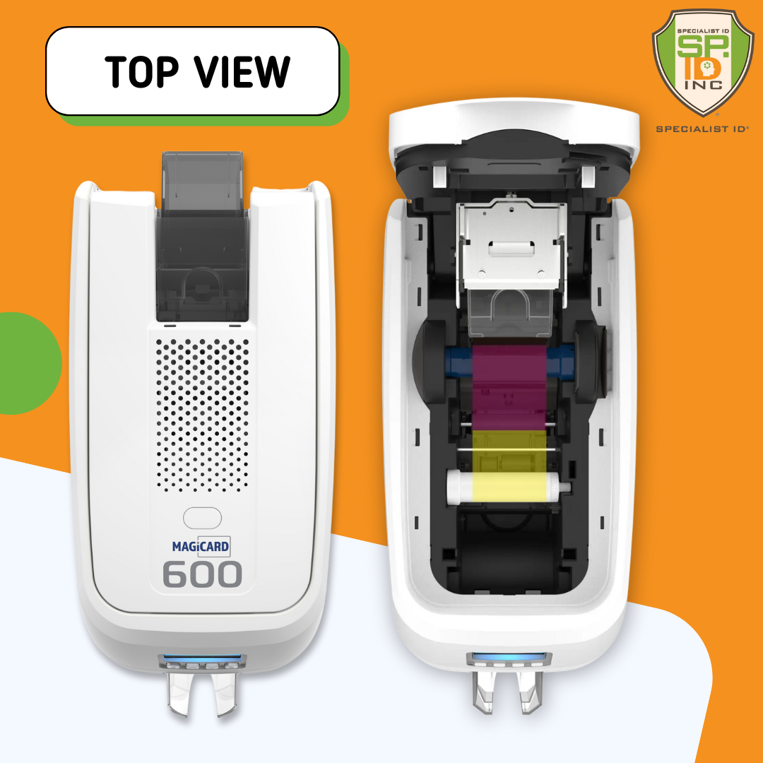 Top view of both an open Magicard 600 Single-Sided ID Card Printer displaying its internal components, including color-coded cartridges in cyan, magenta, yellow, and black and a closed overhead view side by side. The device boasts a resolution of 300 x 600 dpi for high-quality ID card printing. Sold by Specialist ID. 