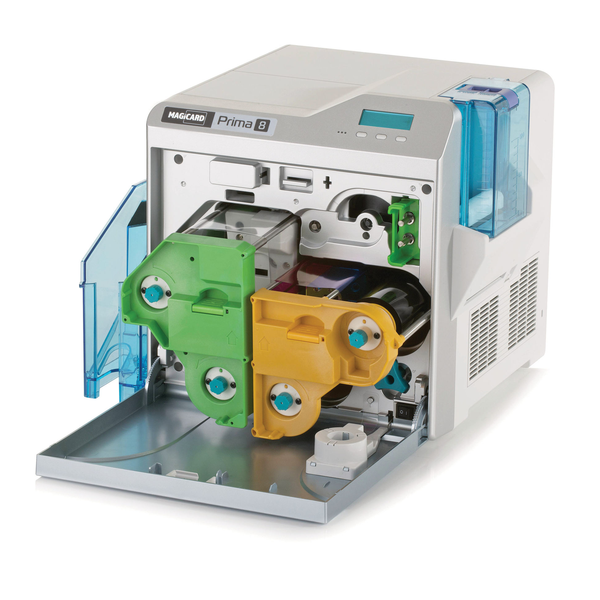 A photo of The Magicard Prima 8 Double Sided ID Card Printer with its front panel open, showing its internal colored components and ribbon spools for premium retransfer printing.