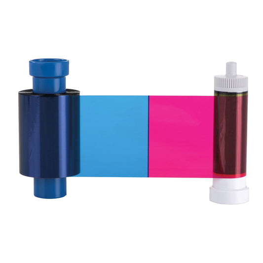 A Magicard MA300YMCKO YMCKO Color Ribbon - 300 Prints with blue, cyan, magenta, and yellow sections used for printing up to 300 single-sided ID cards on Enduro printers.
