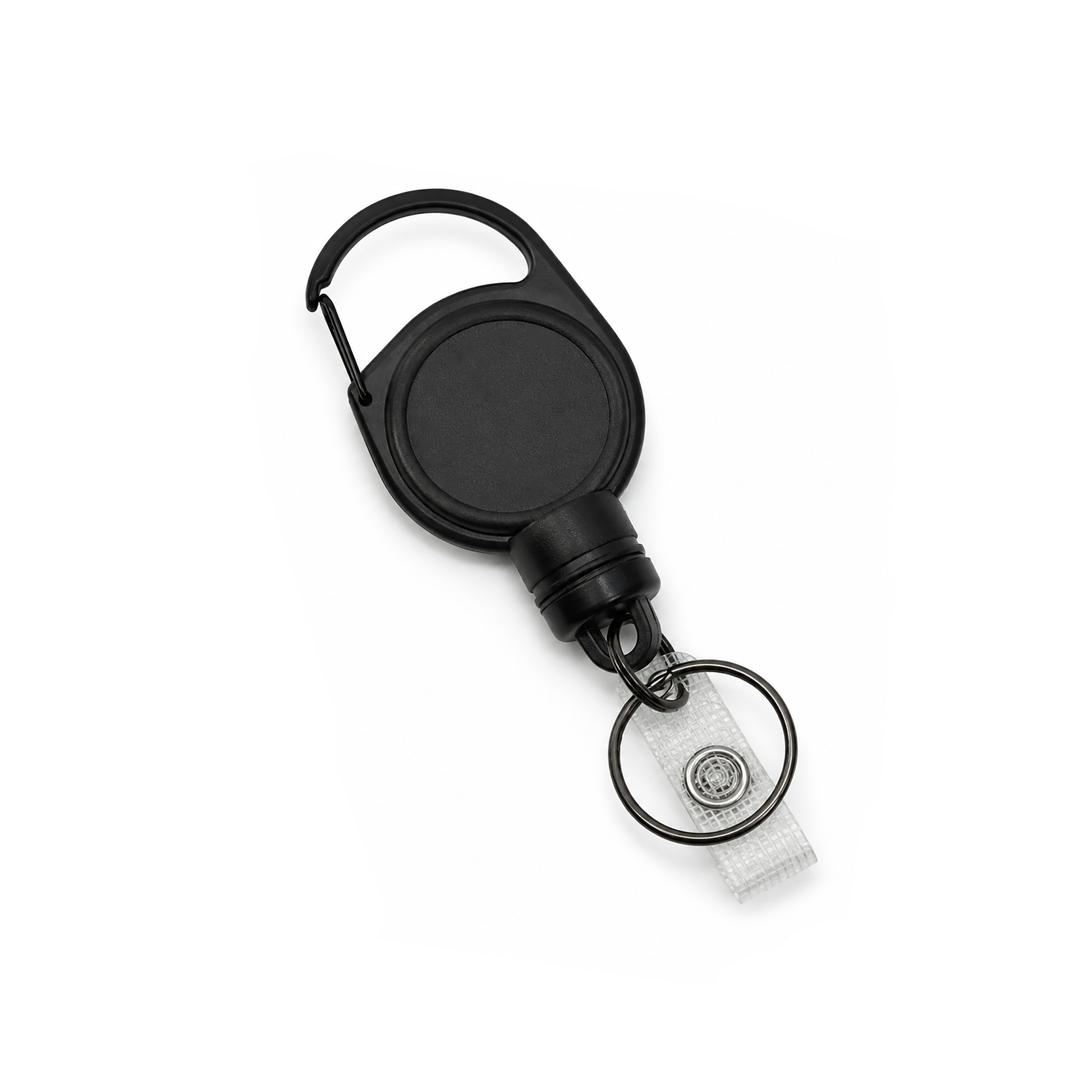 Heavy Duty Black Round Badge Reel with Magnet, metal carabiner, key ring, and a clear vinyl ID strap with a metal snap button (SPID-3460), shown on a white background.