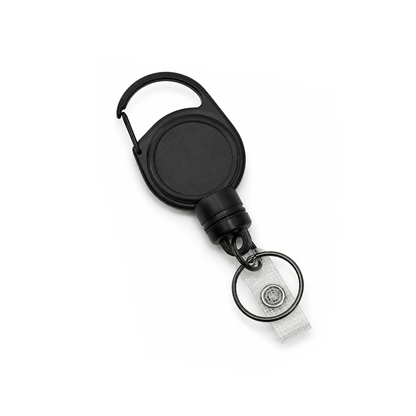Heavy Duty Black Round Badge Reel with Magnet, metal carabiner, key ring, and a clear vinyl ID strap with a metal snap button (SPID-3460), shown on a white background.
