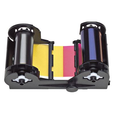 A Nisca NGYMCKOPRC YMCKO Color Ribbon compatible with the PR-C101 NiSCA card printer, featuring rolls of colored film arranged in yellow, magenta, and black segments for producing professional-grade ID cards.