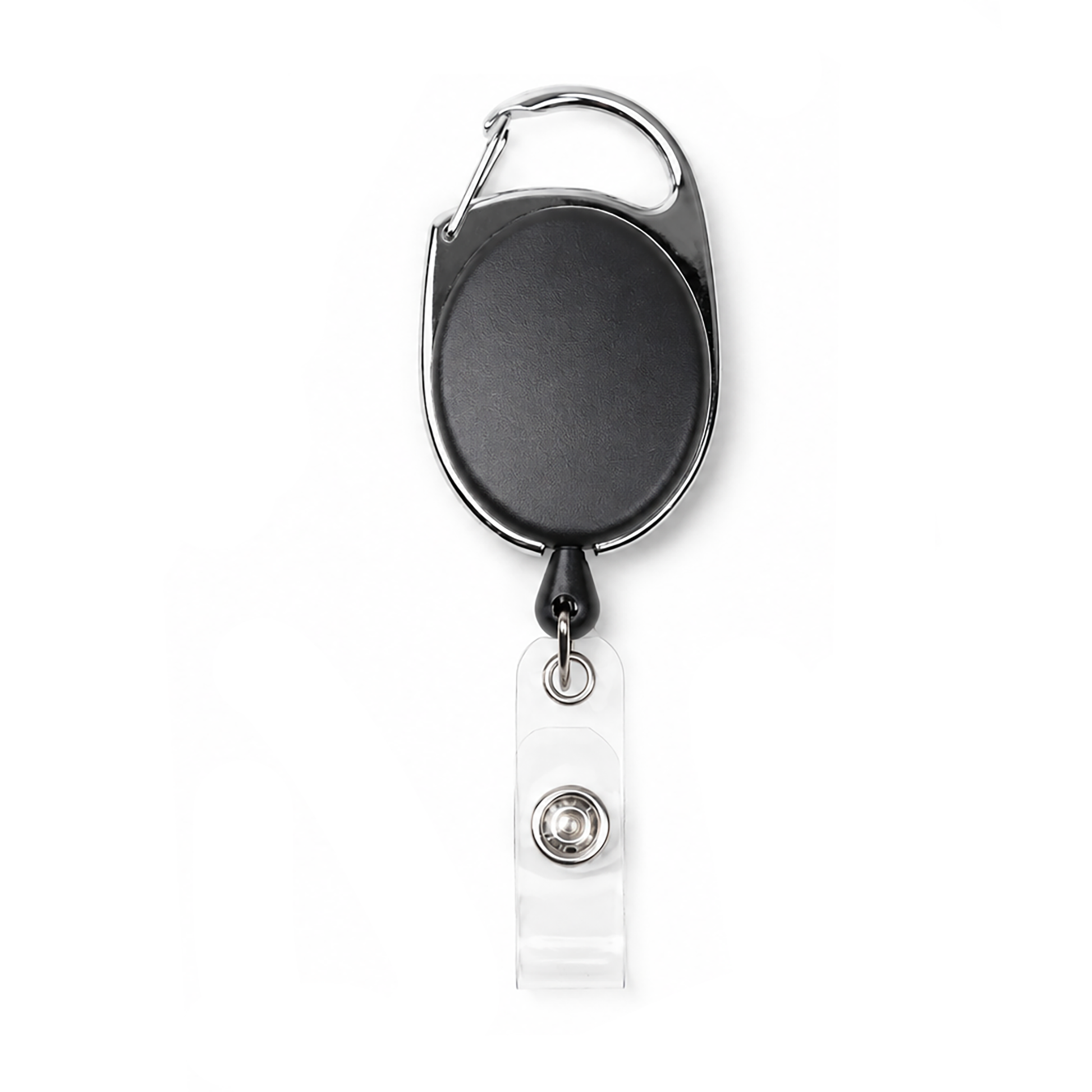 The Carabiner Locking Badge Reel with Push Button Cord Release (SPID-3530) features a metal clip, clear plastic strap with a metal snap, and is ideal for holding ID cards. Shown against a white background.