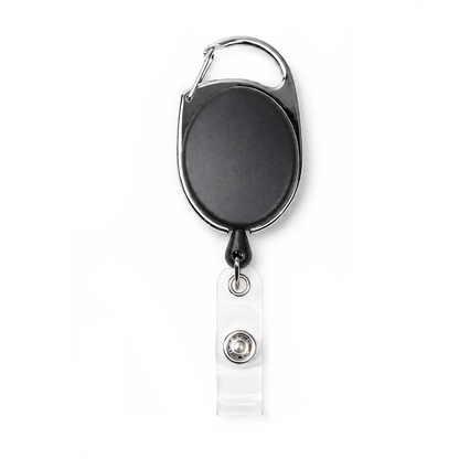 The Carabiner Locking Badge Reel with Push Button Cord Release (SPID-3530) features a metal clip, clear plastic strap with a metal snap, and is ideal for holding ID cards. Shown against a white background.