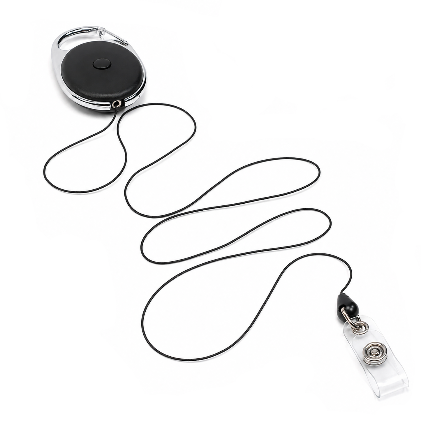 The Carabiner Locking Badge Reel with Push Button Cord Release (SPID-3530) features a black retractable cord, clear plastic strap, metal clip, and circular reel for secure ID card attachment.