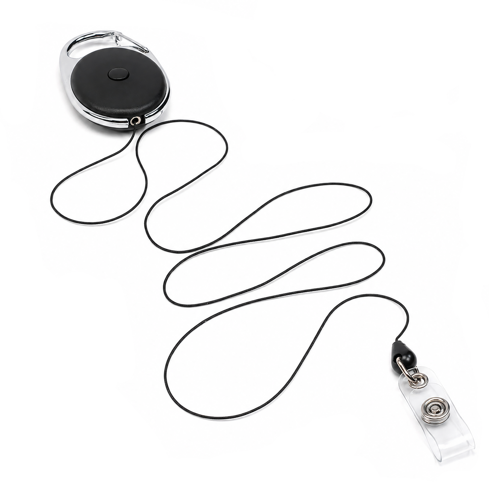 The Carabiner Locking Badge Reel with Push Button Cord Release (SPID-3530) features a black retractable cord, clear plastic strap, metal clip, and circular reel for secure ID card attachment.
