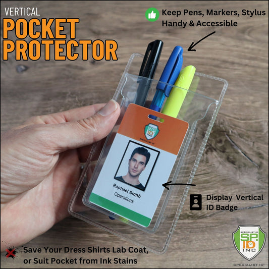 Hand holding a Clear Vinyl Pocket Protector With ID Badge Holder (P/N PPL63X) containing two pens, a highlighter, and an ID badge with a photo and the name "Raphael Smith." Text displays features and benefits of the Clear Vinyl Pocket Protector With ID Badge Holder (P/N PPL63X).