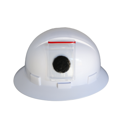 The white hard hat includes a Heavy Duty Resealable Badge Holder with Adhesive Hook & Loop Back (PPP-1), featuring a transparent rectangular compartment with a black circular object inside, complete with an adhesive backing for easy attachment.