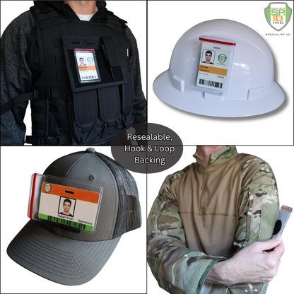 Four images display the Heavy Duty Resealable Badge Holder with Adhesive Hook & Loop Back (PPP-1) on a tactical vest, hard hat, baseball cap, and sleeve. The durable vinyl holder offers versatile attachment and reliability in any environment.
