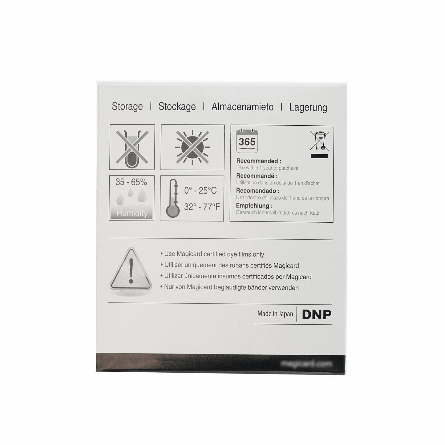 White packaging for Magicard PRIMA436 Retransfer Film (for Prima 4 & 8, 1,000 prints) features storage instructions, temp/humidity icons, safety warnings in multiple languages, plus DNP, Prima 8 & Made in Japan labels at the bottom.