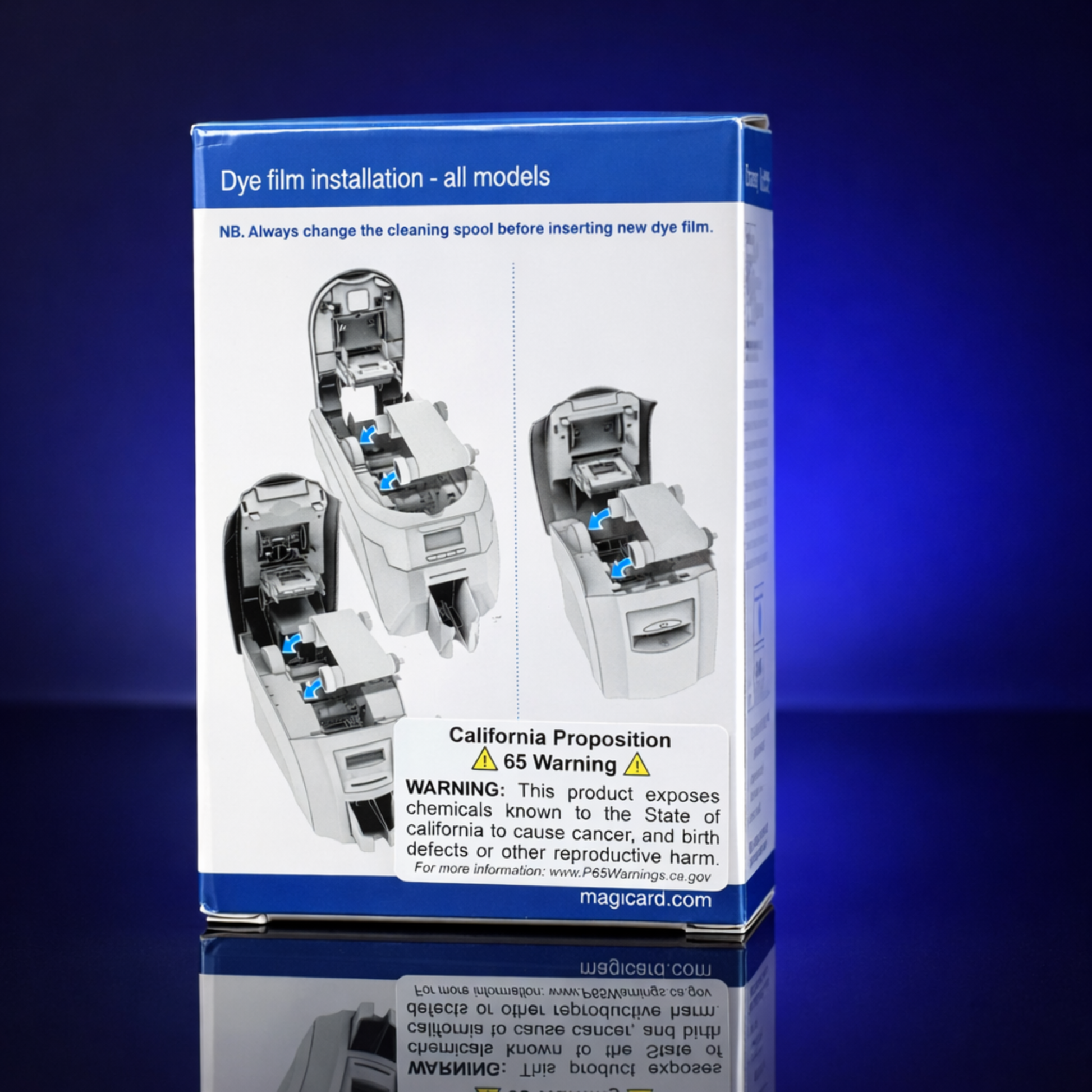 A box with installation instructions, diagrams, and a California Proposition 65 warning, designed for the Magicard MA450YMCKO-HALF Color Ribbon for Enduro+, Enduro3E, and Rio Pro ID card printers (450 prints).
