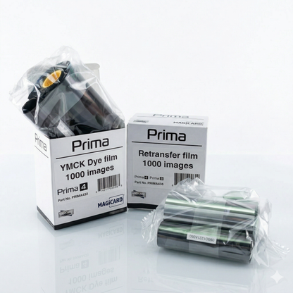 The Magicard PRIMA431 YMCK Color Ribbon and Retransfer Film Kit for the Magicard Prima 4 ID Card Printer (1,000 prints), in boxed and plastic packaging, is displayed on a reflective white surface.
