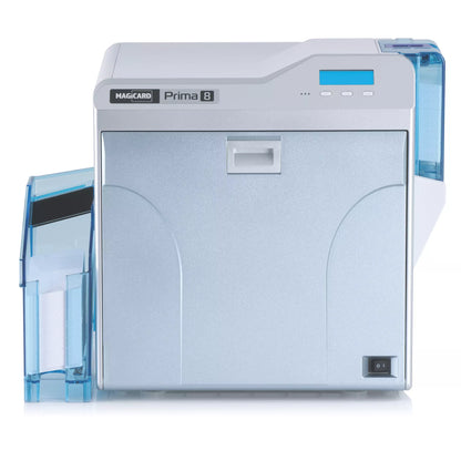 The MagicardPrima 8 ID Card Printer, with blue accents and front-loading trays, boasts advanced retransfer printing technology and an easy-to-use control panel for smooth operation.
