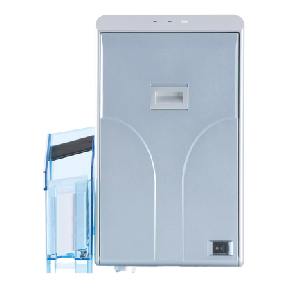 The Magicard Prima 8 Single Sided ID Card Printer - Infinite Options is a gray rectangular device with a transparent blue side, featuring a small display and power switch at the bottom. It uses advanced retransfer printing technology for precise, high-quality results.