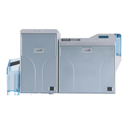 These gray Magicard Prima 8 Single Sided ID Card Printers, with blue side trays, are perfect for ID card printing and encoding. Featuring advanced retransfer technology, they deliver high-quality results.