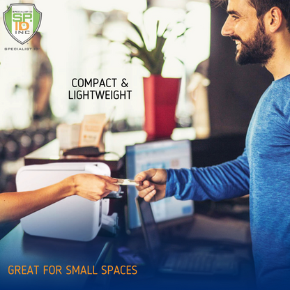 Person handing over an ID card  with text 'Compact & Lightweight, Great for Small Spaces' and a Specialist ID brand logo.