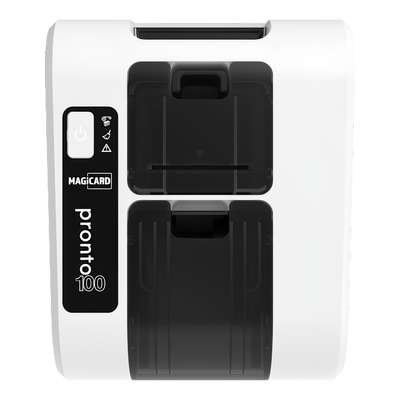 The Magicard Pronto100 ID Card Printer, in white, highlights its power button and card input/output slots and features advanced Holokote watermark technology for enhanced security.