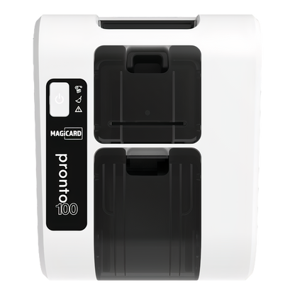 The Magicard Pronto100 ID Card Printer, in white, highlights its power button and card input/output slots and features advanced Holokote watermark technology for enhanced security.