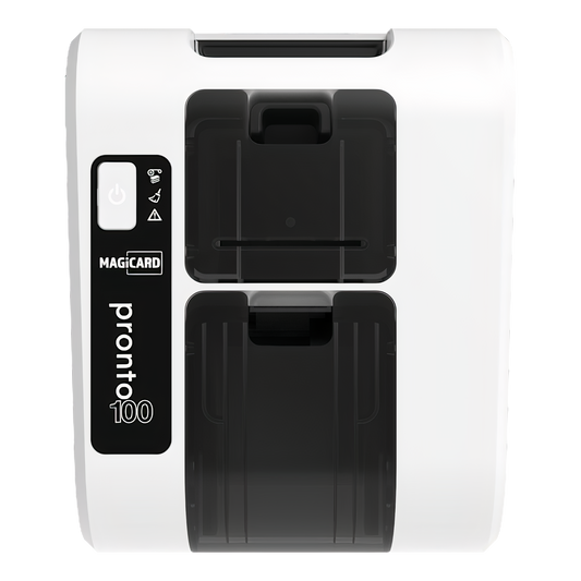 The Magicard Pronto100 ID Card Printer, in white, highlights its power button and card input/output slots and features advanced Holokote watermark technology for enhanced security.