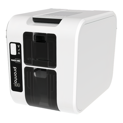 The Magicard Pronto100 ID Card Printer, available in white, is compact and ideal for printing ID cards. It offers HD color photo IDs and advanced Holokote watermark technology. Sold by Specialist ID.