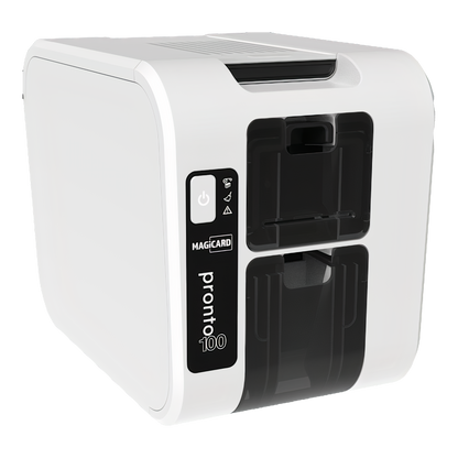The Magicard Pronto100 ID card printer has a sleek, compact design with control buttons and a card input slot. It offers fast printing and includes the Holokote watermark feature for enhanced efficiency and security.