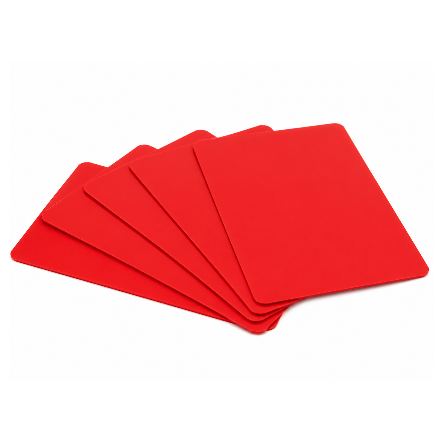 Five rectangular blank white PVC cards, comparable in size to CR80 30 mil card stock and used for ID badge printers, are arranged in a fanned-out pattern on a white background.