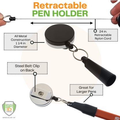 Image showing a Heavy Duty Retractable Pull Pen & Pencil Holder Reel SPID-3240 with features like a 24-inch retractable nylon cord, a steel belt clip on the back, suitability for larger pens, and all-metal construction.