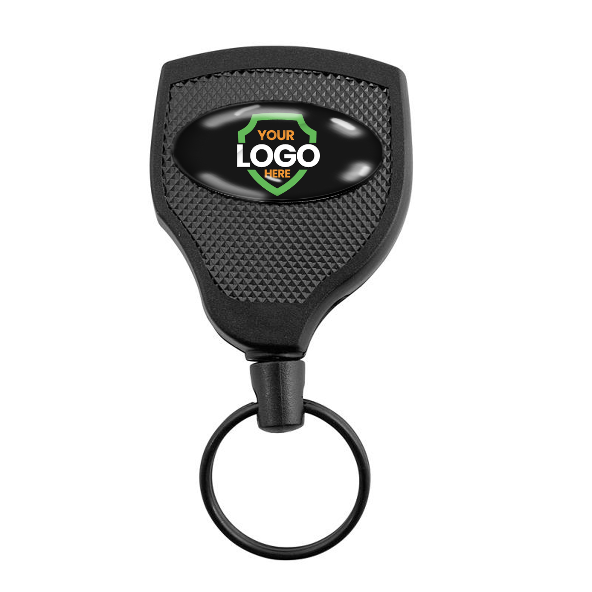 A Customizable Key-Bak Super 48 Heavy Duty Key Reel (S48K) - Customize with Your Own Logo and Design with rugged durability features a textured grip and an oval section labeled "Your Logo Here" in the center, attached to a metal keyring.
