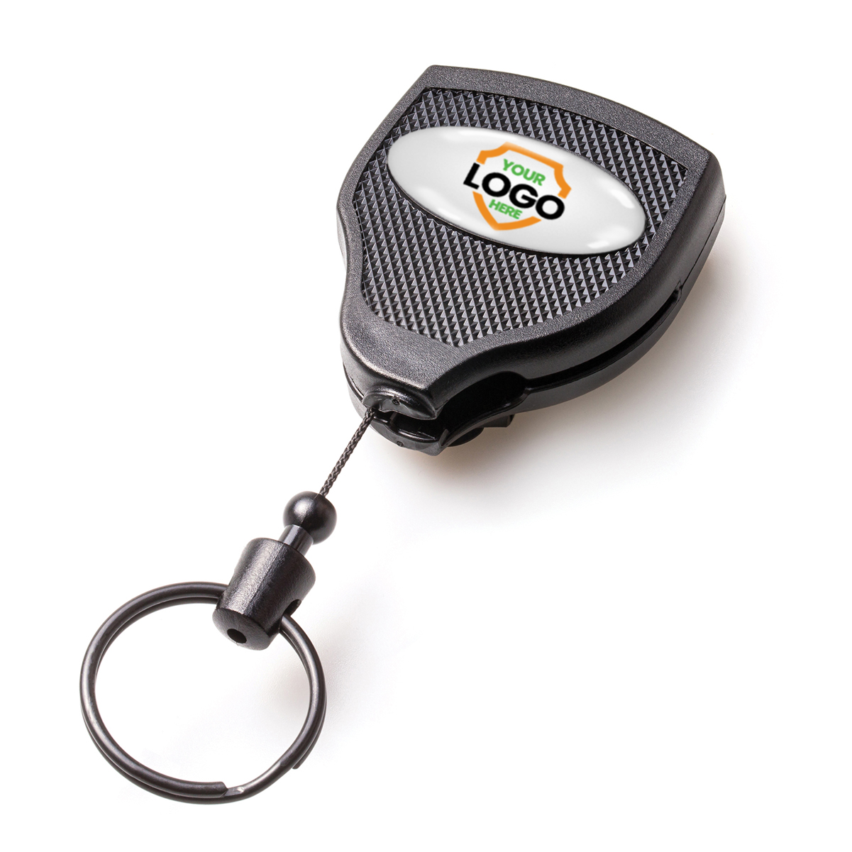A black retractable keychain boasting rugged durability with a customizable logo area and a ring attached to the retractable wire, similar to the Customizable Key-Bak Super 48 Heavy Duty Key Reel (S48K) - Customize with Your Own Logo and Design.