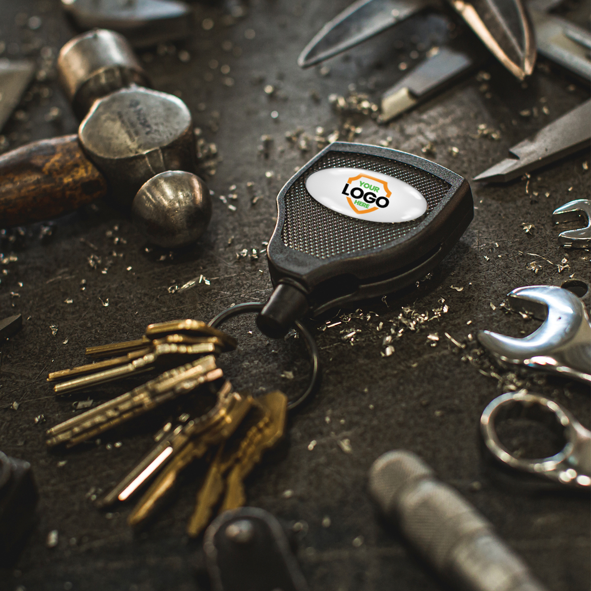 A set of keys with a Customizable Key-Bak Super 48 Heavy Duty Key Reel (S48K) - Customize with Your Own Logo and Design rests on a workbench surrounded by various metal tools, shavings, and the rugged durability one expects from high-quality gear.