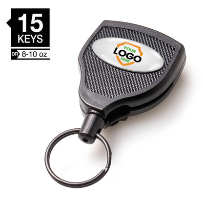 Customizable Key-Bak Super 48 Heavy Duty Key Reel (S48K) - Customize with Your Own Logo and Design, capable of holding 15 keys or up to 8-10 ounces. Featuring rugged durability, it has a customizable logo area.