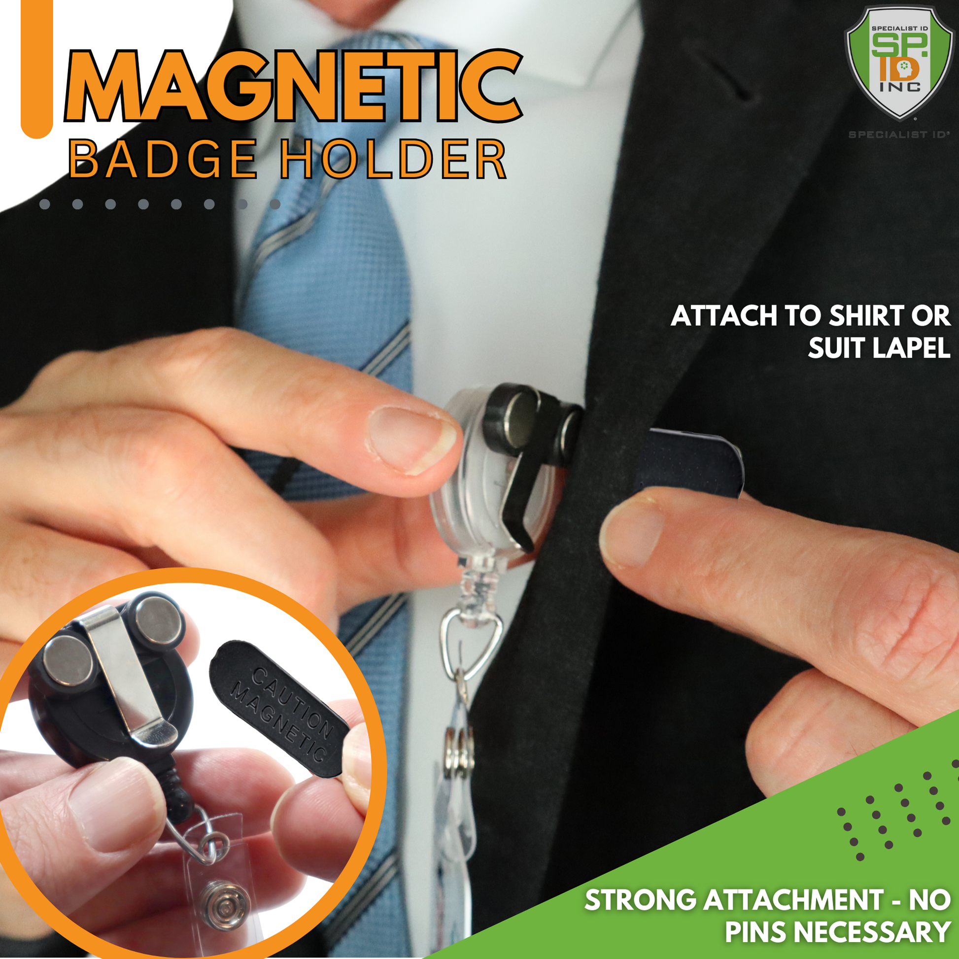A person secures the Magnet Badge Reel – Retractable Magnetic Badge Holder for Shirt Pocket (P/N SPID-3370) to a suit lapel, showcasing strong attachment without pins, with a close-up inset of its components.