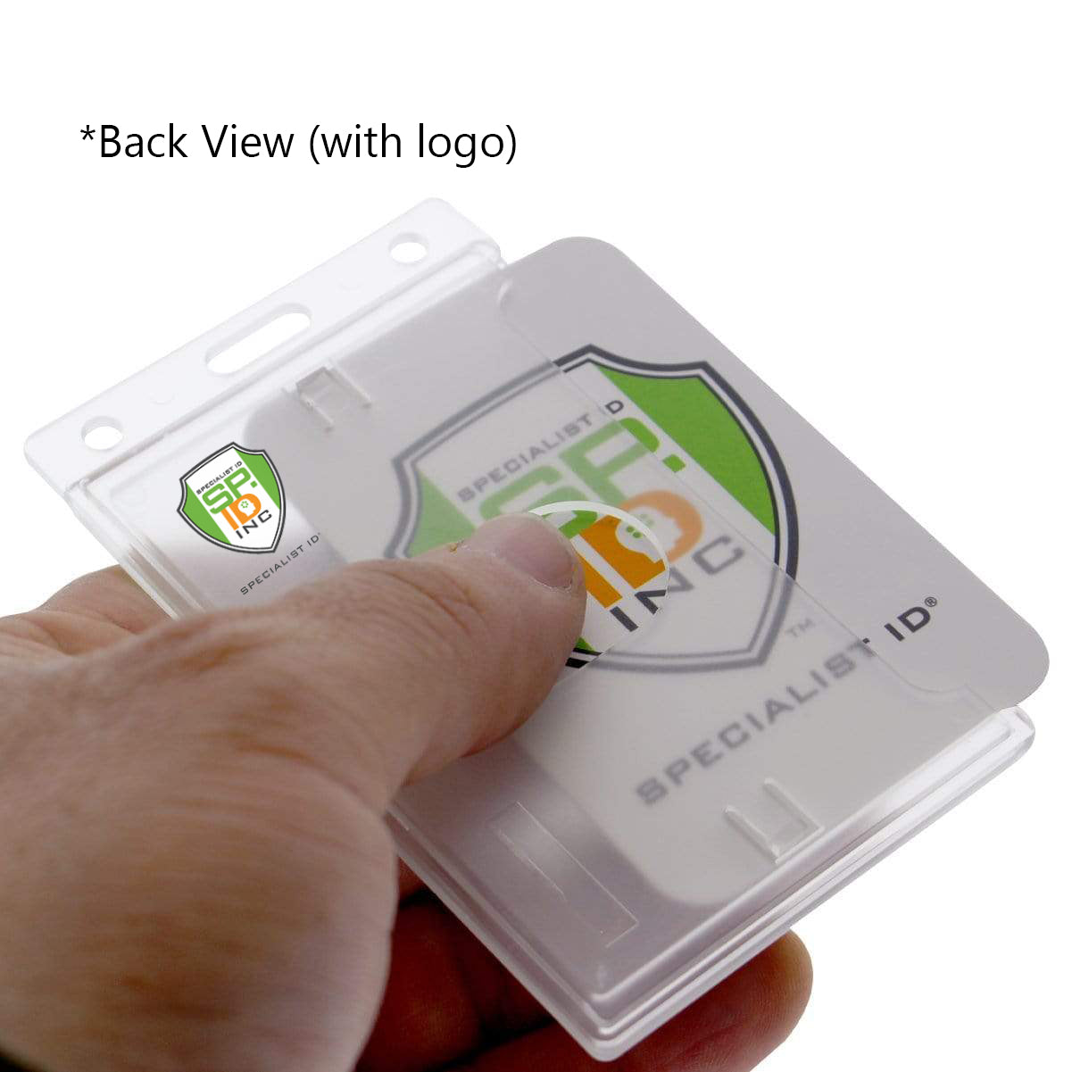 Hand holding a Custom Vertical Rigid Plastic Card Holder (1840-6500) - Personalize with Your Logo displaying the back of a Specialist ID badge with the company's brand logo visible. Text above reads "Back View (with logo)".