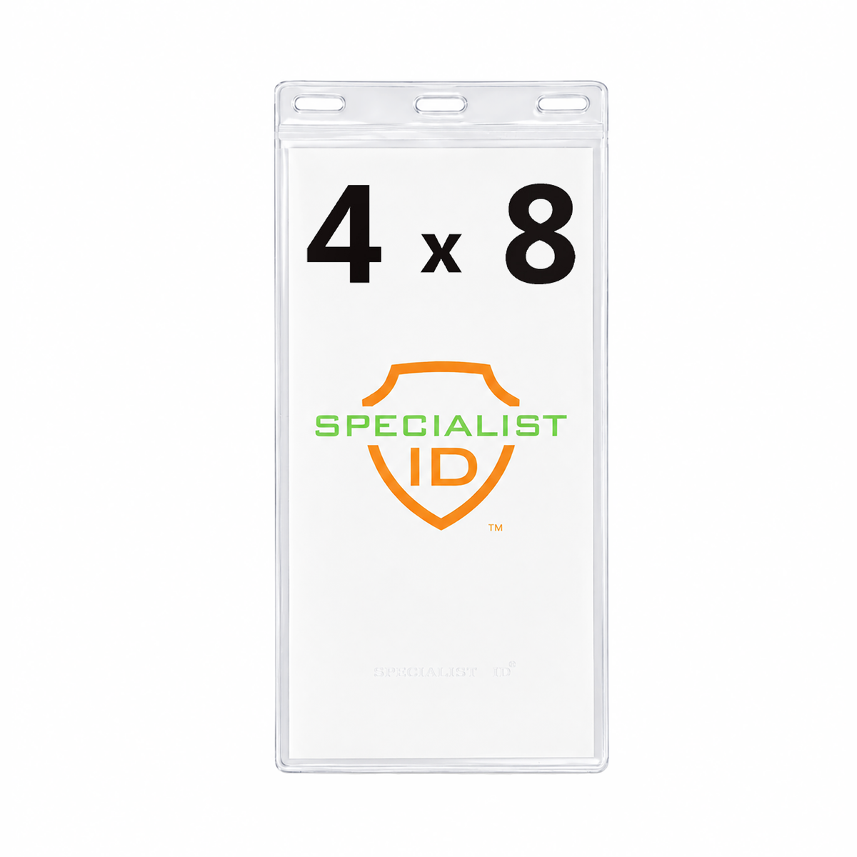 The 4x8 Inch Clear Vinyl Ticket & Credential Holder with 3 Slots SPID-1040 securely displays your credentials or tickets in its oversized, clear plastic design featuring “4 x 8” and “Specialist ID” on the front, and includes three punched slots at the top for easy attachment—ideal for conferences or large events.